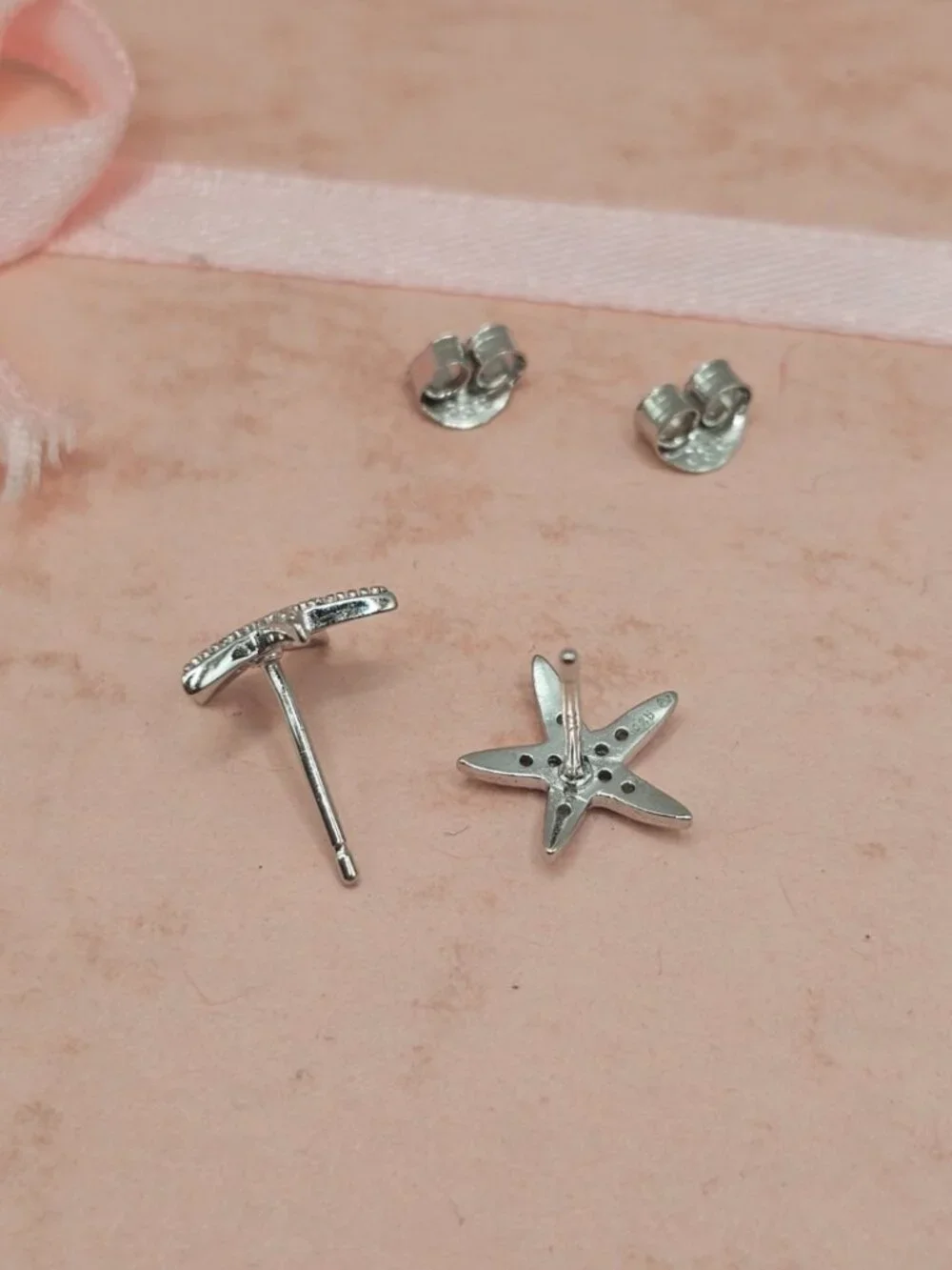 Sterling Silver 925 Rhodium Plated Sea Starfish Cubic Zirconia Stud Earrings